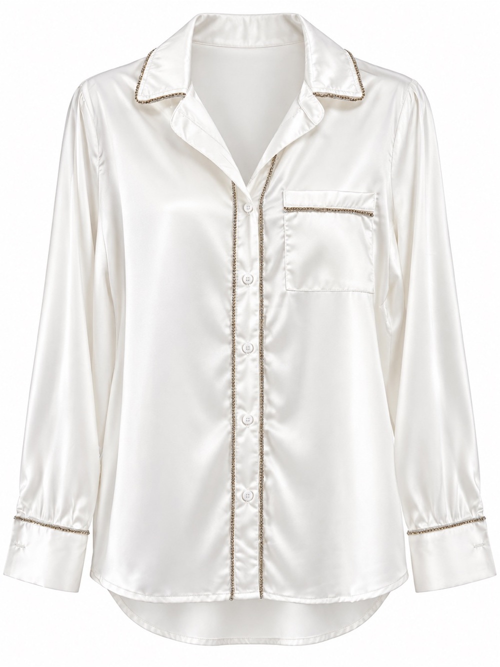 NEW blue b White Rhinestone Trim Satin Sheen Relaxed Fit Button Down Shirt